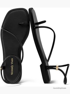 Women's Square Toe Toe Loop Sandals with Ankle Strap Flat Sandals